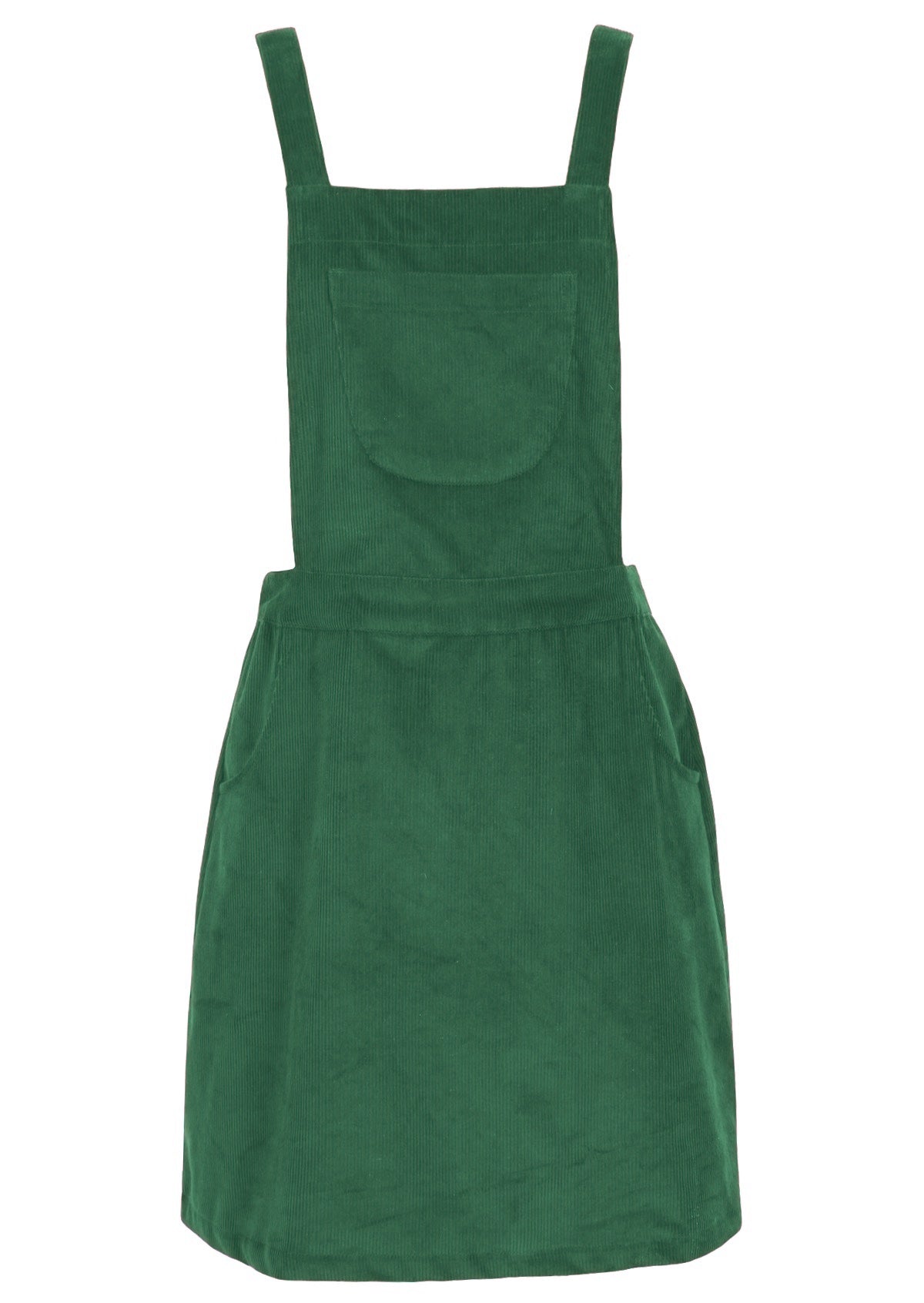 100% cotton corduroy pinafore in green has side pockets and a bib pocket. 