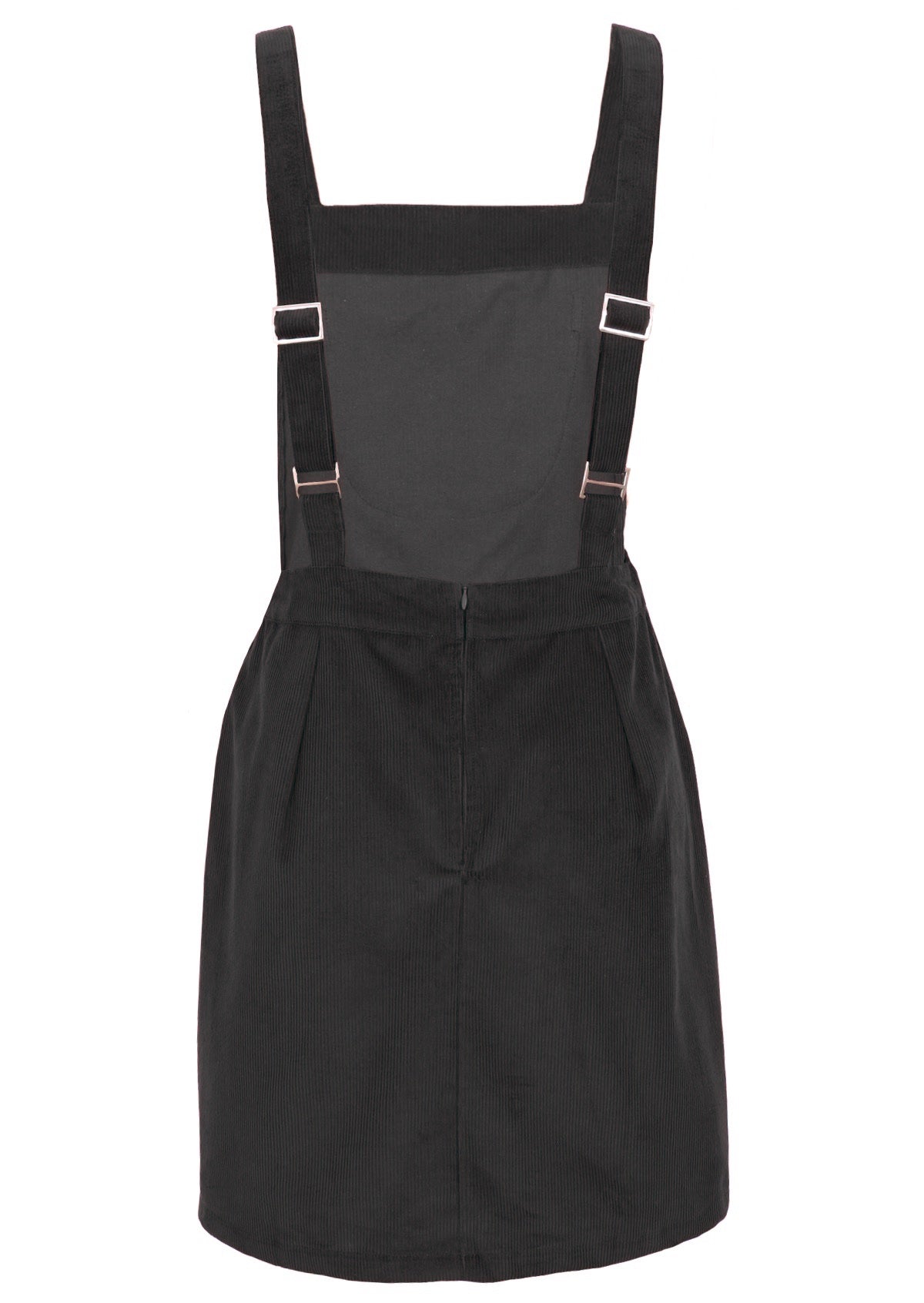 Grey cotton pinafore ends above the knee. 