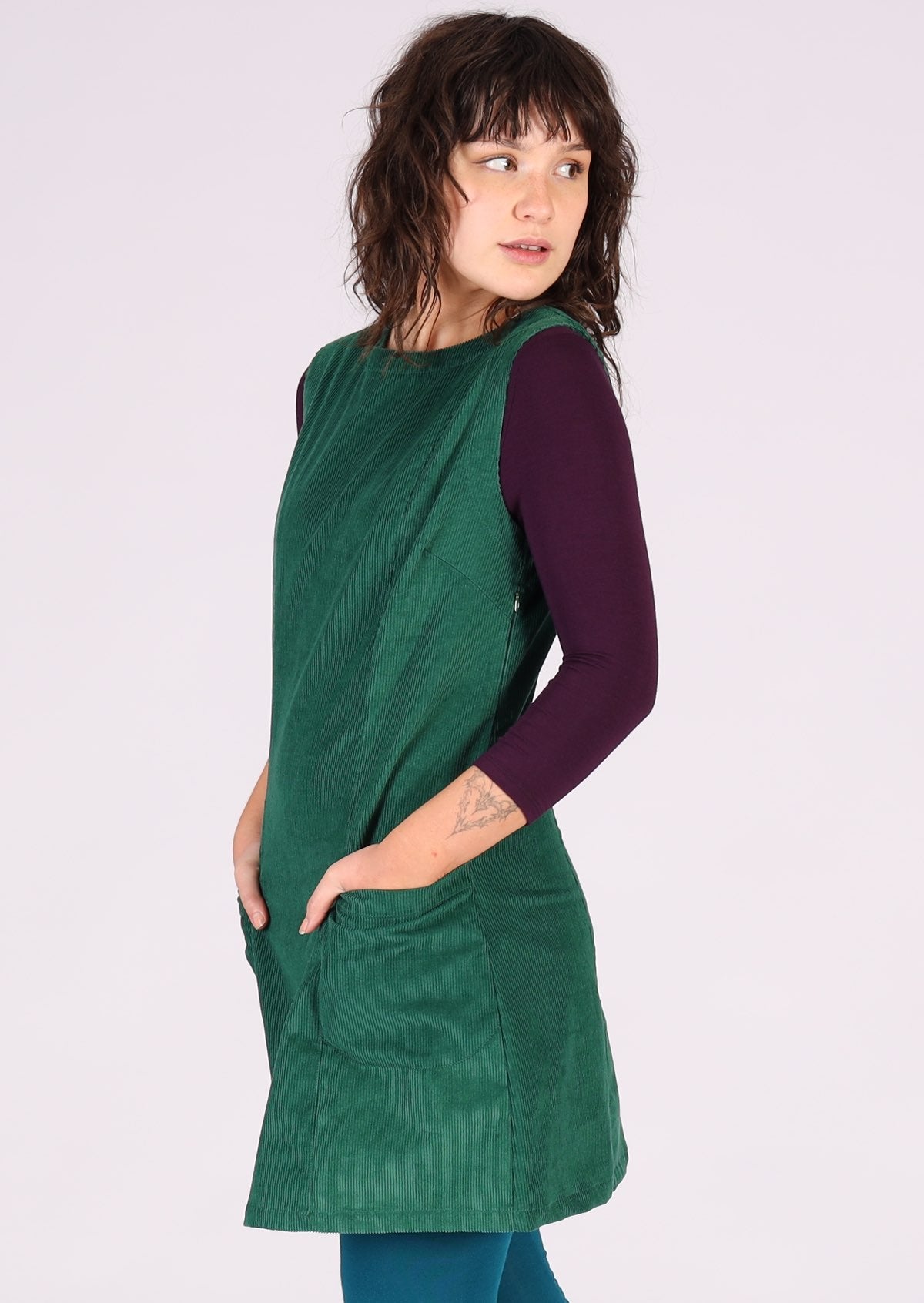 Sleeveless cotton corduroy tunic in rich green colour