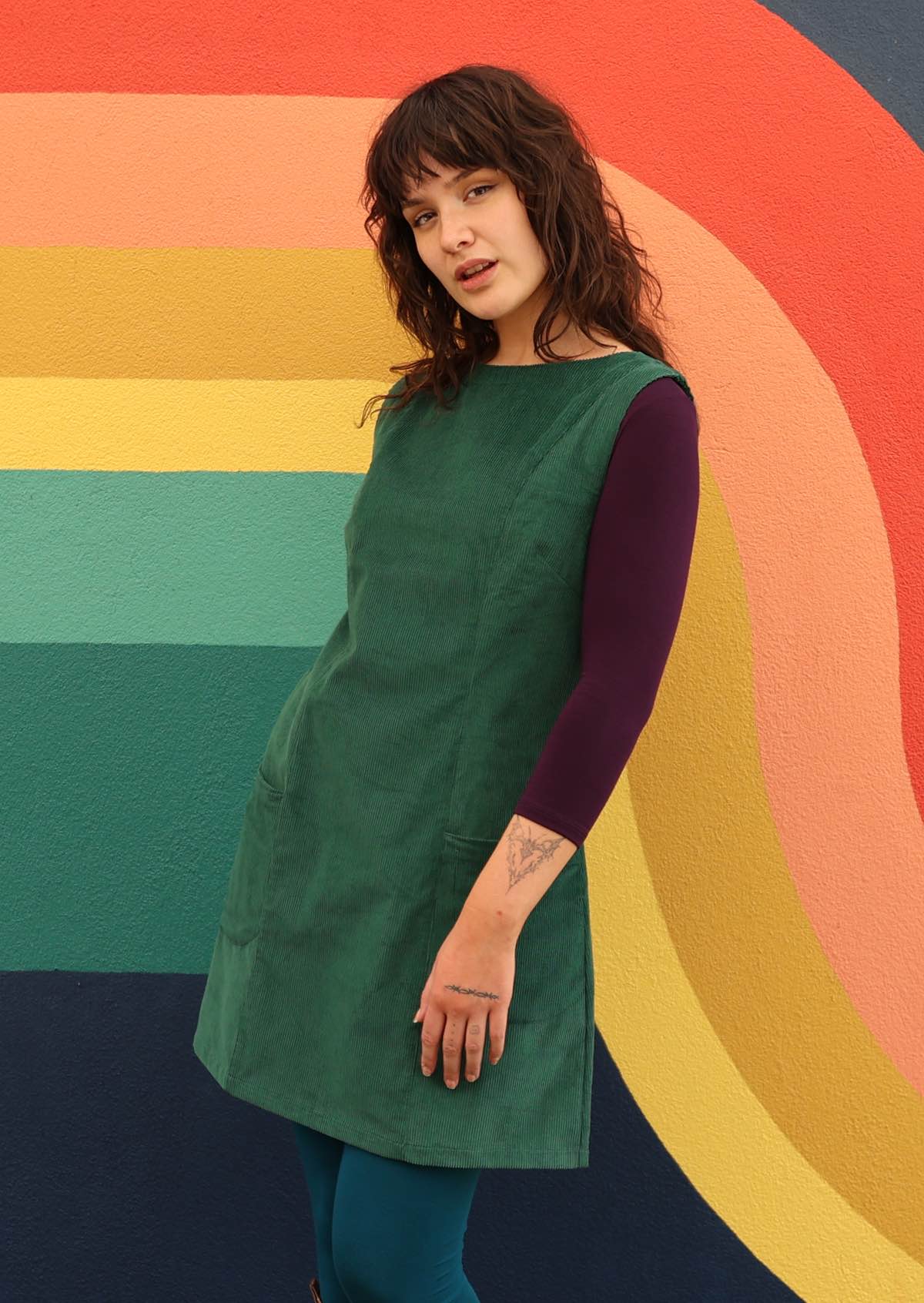 Green cotton corduroy tunic with side zip and pockets