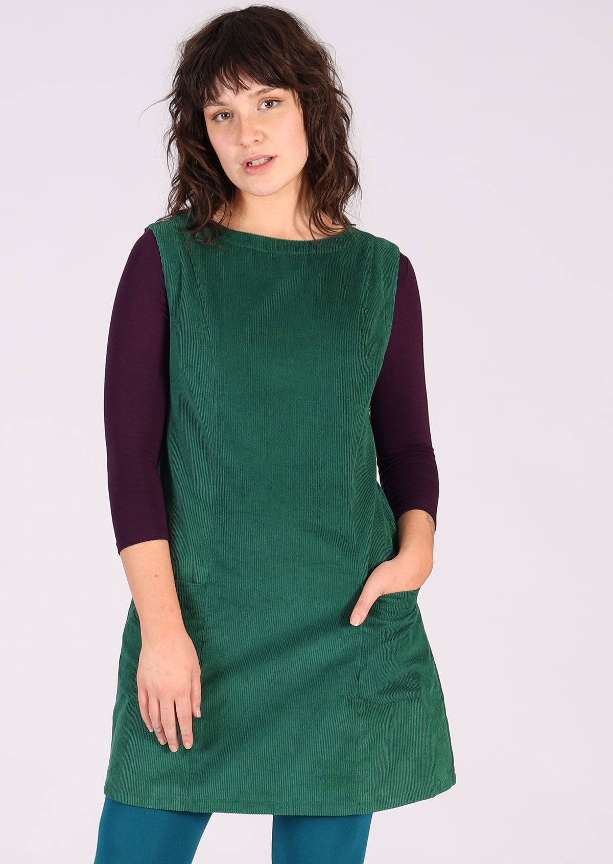 Green corduroy above knee tunic with front pockets