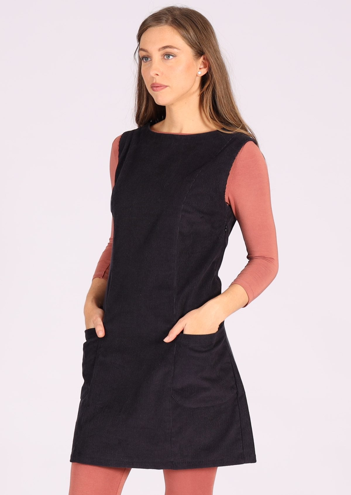 Sleeveless cotton corduroy tunic looks great layered over leggings and top