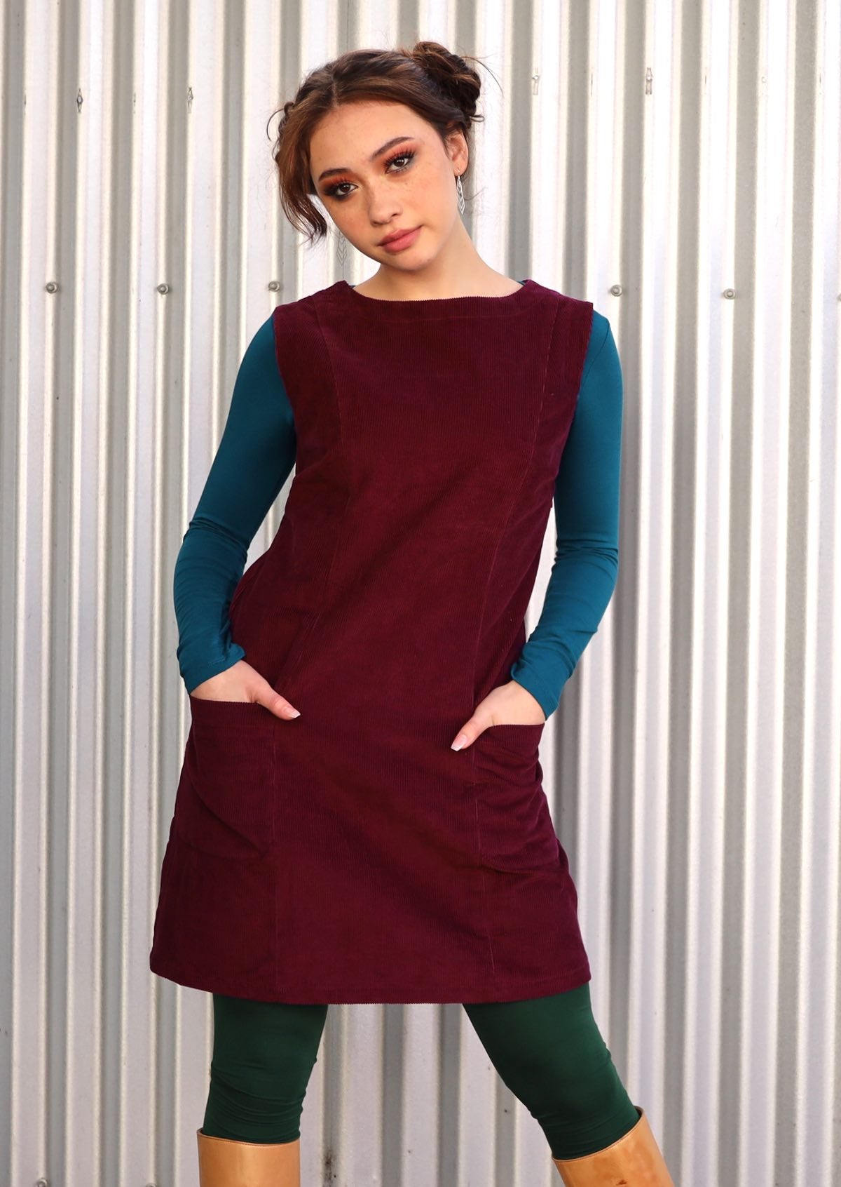 Maroon cotton corduroy tunic with side zip and pockets