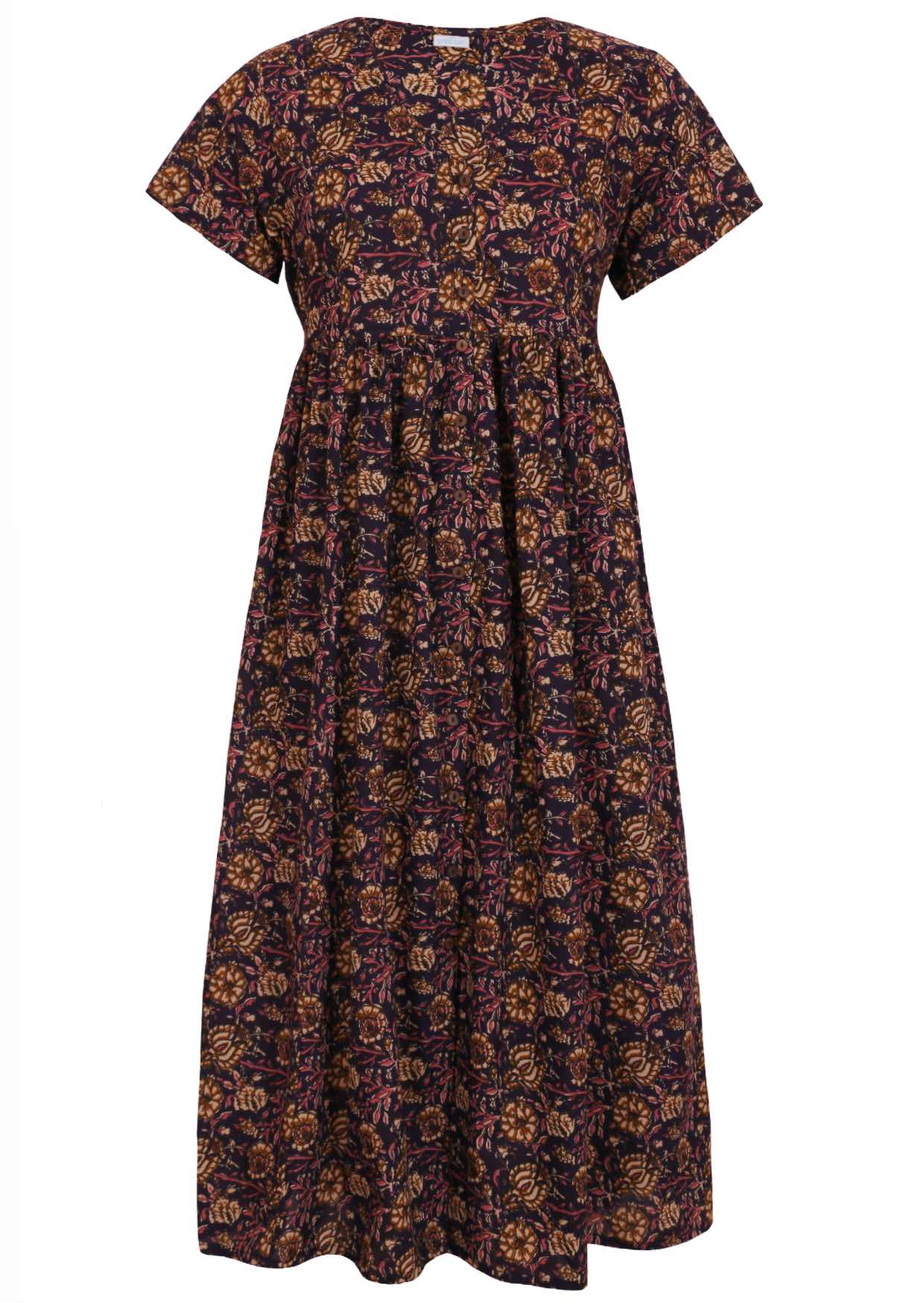 Purple cotton floral button through maxi dress with pockets, waist tie and v neckline.
