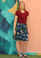 Model wears cotton slight A-line skirt