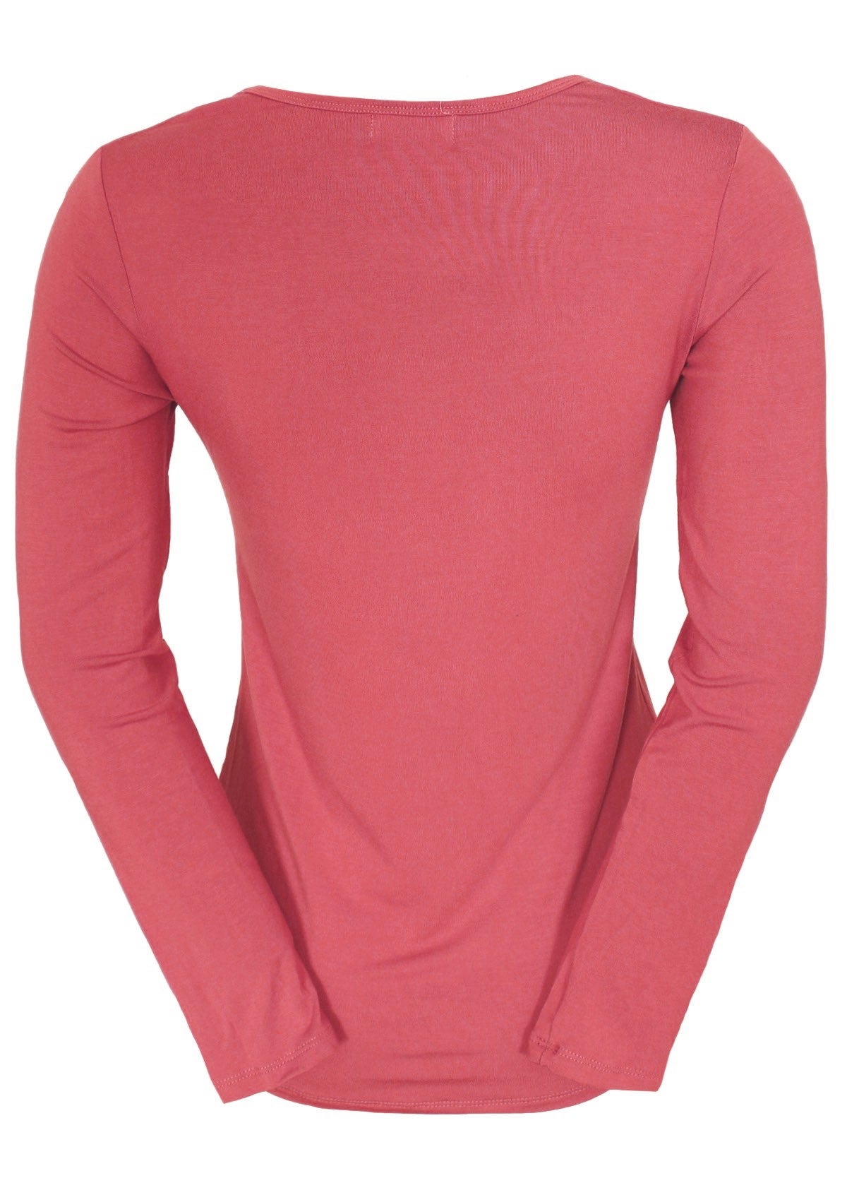 Back view of women's round neck pink long sleeve rayon top.