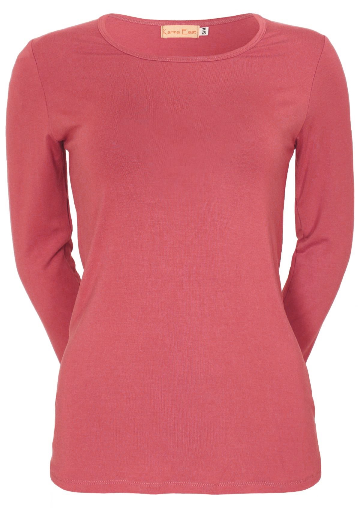 Front view of women's round neck pink long sleeve rayon top.