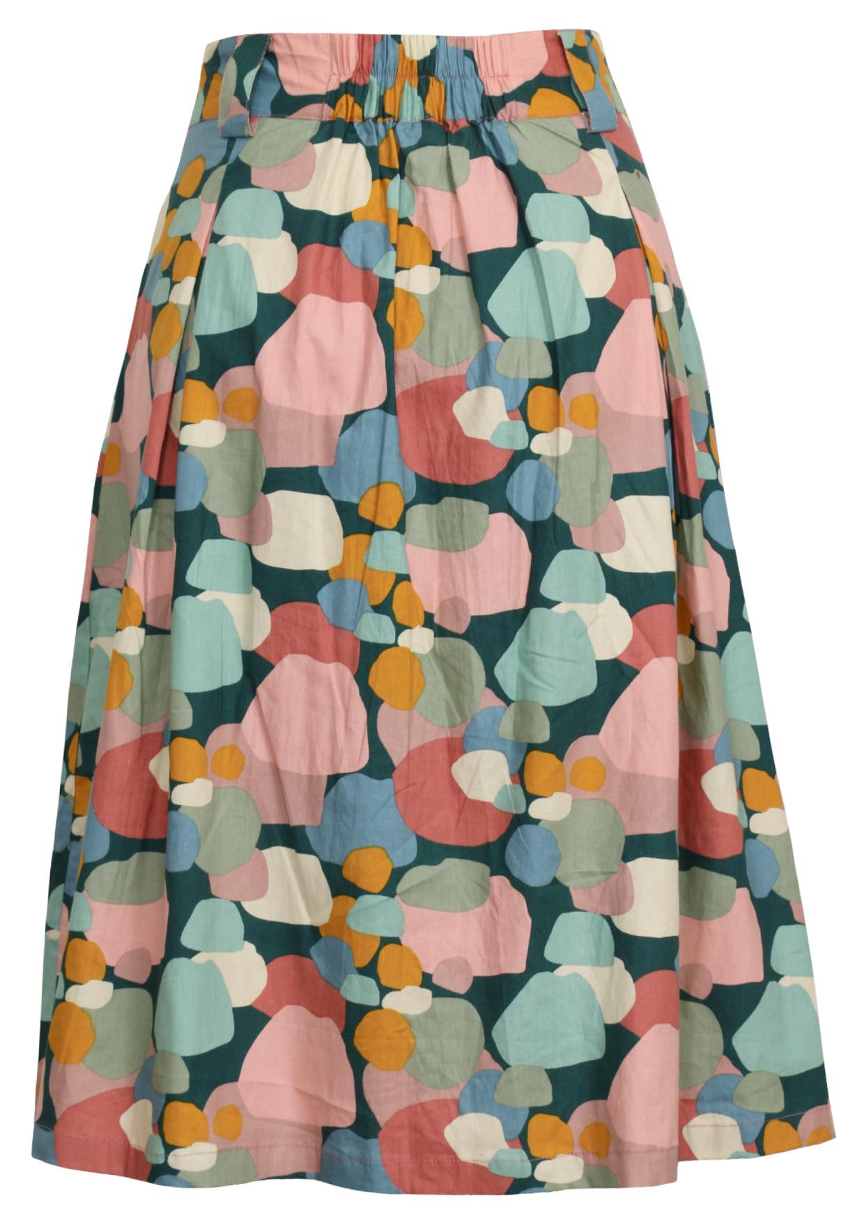 Pastel print cotton knee length skirt with belt loops and elastic in the centre back