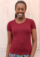 Model wears maroon rayon jersey fitted T-shirt