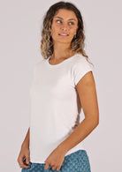 woman wearing soft white t-shirt