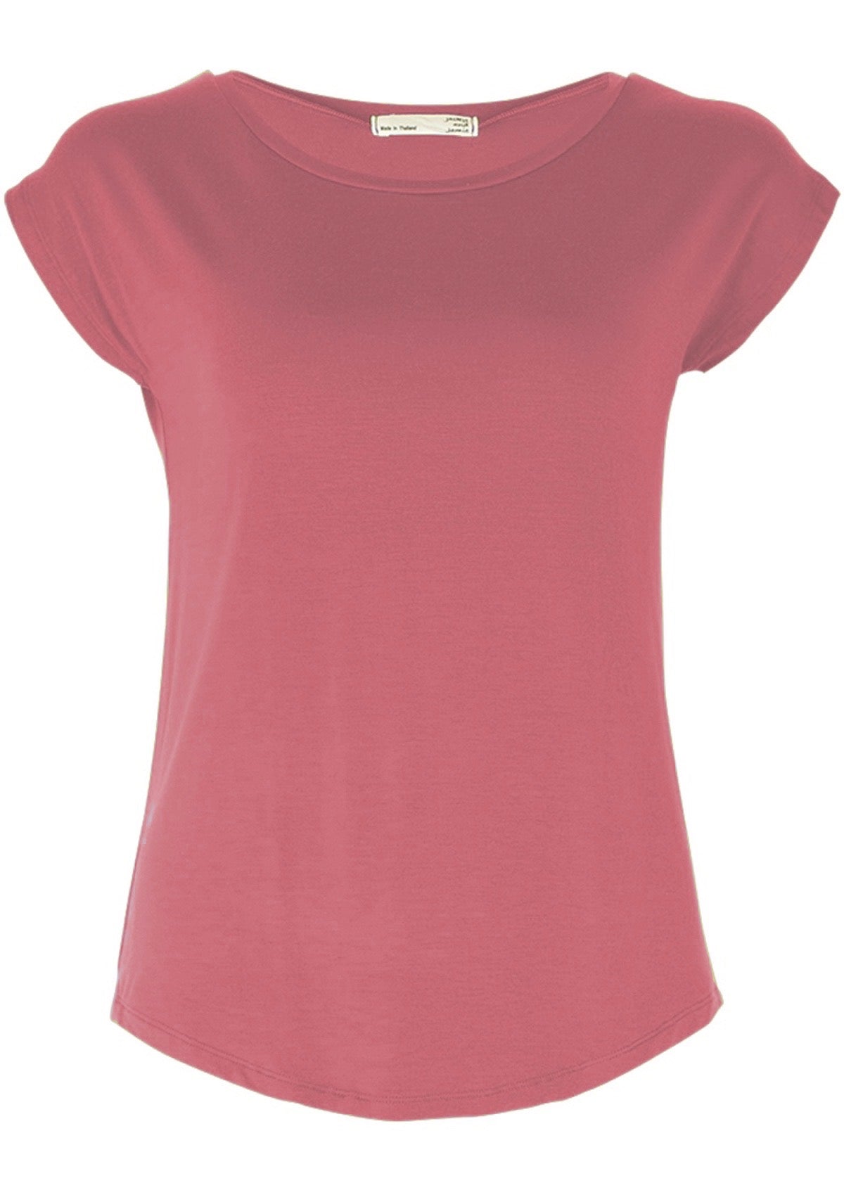 Front view women's pink rayon jersey t-shirt.
