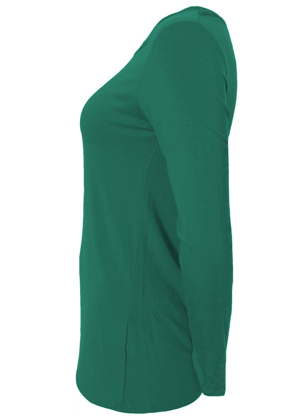 Side view of women's round neck green long sleeve rayon top.