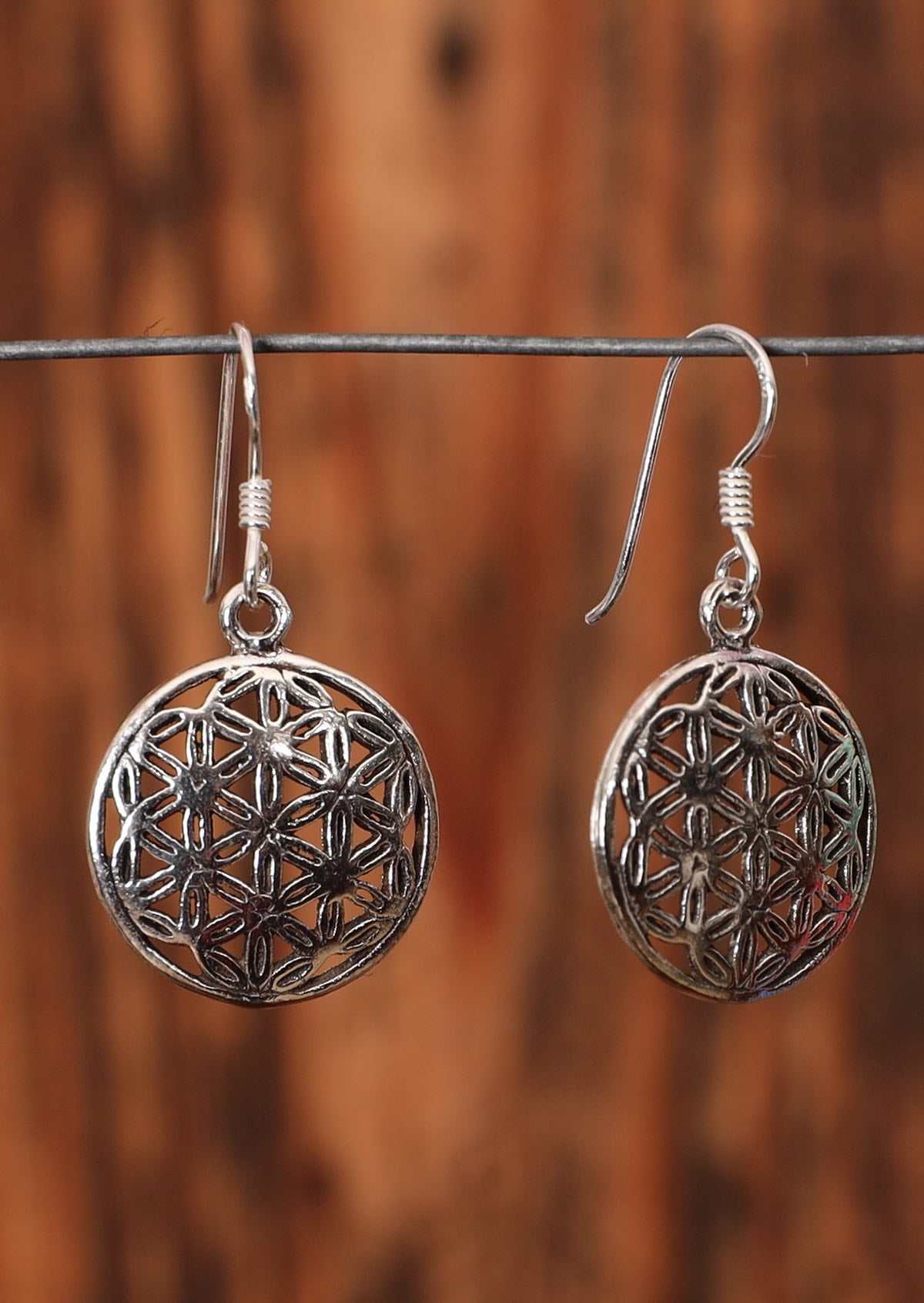 92.5% silver geometric seed of life dangly earrings on a wire for display.