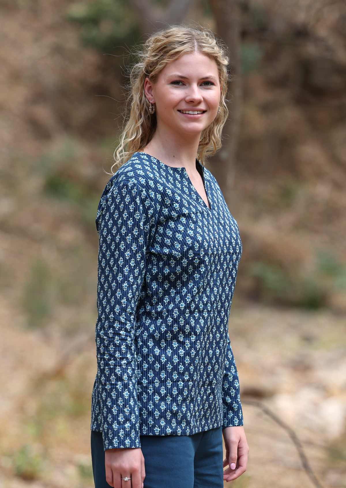 Blue base cotton top with sweet flowers and kantha stitches