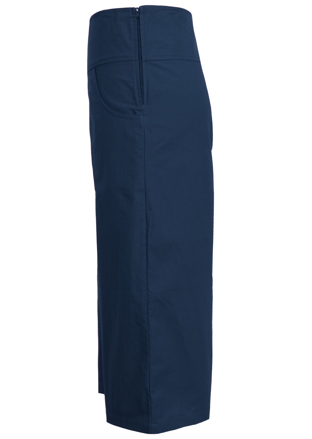 Side view of wide leg cotton pants in dark sea blue with side zipper and pockets.