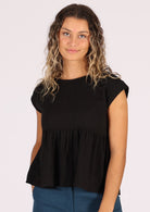 cotton gauze top with ruffle and high round neckline