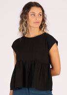 black cotton gauze top with ruffle and cap sleeves