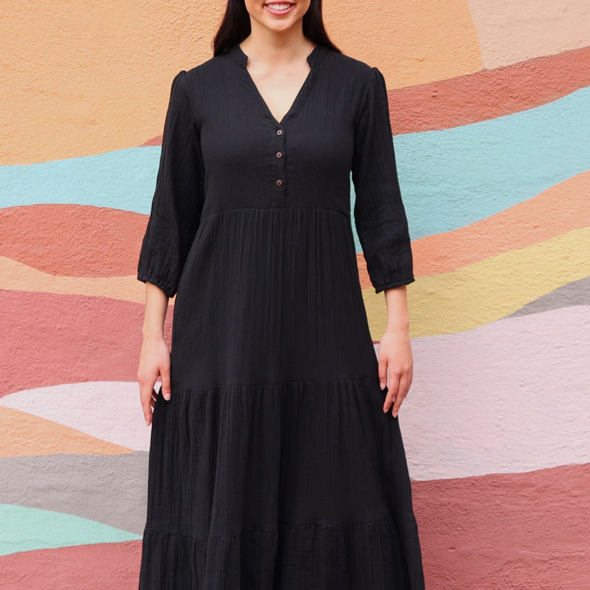 Black Double Cotton Tiered Maxi Dress