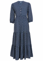 100% cotton maxi dress features 3/4 length sleeves. 
