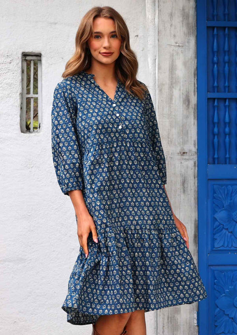 Urbann-Vibe Women Cotton Dress Breathable Loose Fit with English Embroideries V Neck Short Length main image 1