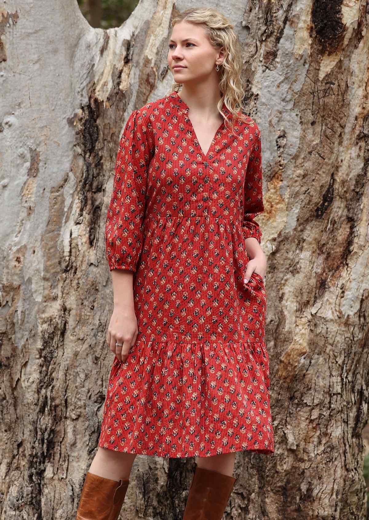 Midi length cotton boho dress with buttoned bodice and pockets