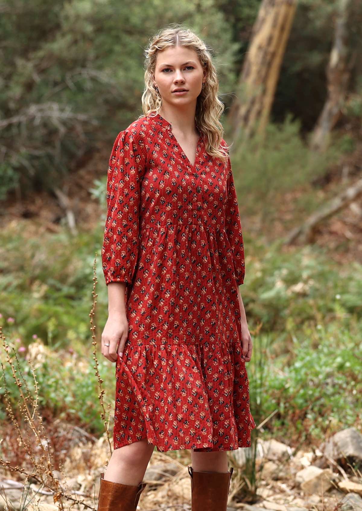 Tiered midi length cotton dress with 3/4 sleeves in deep red