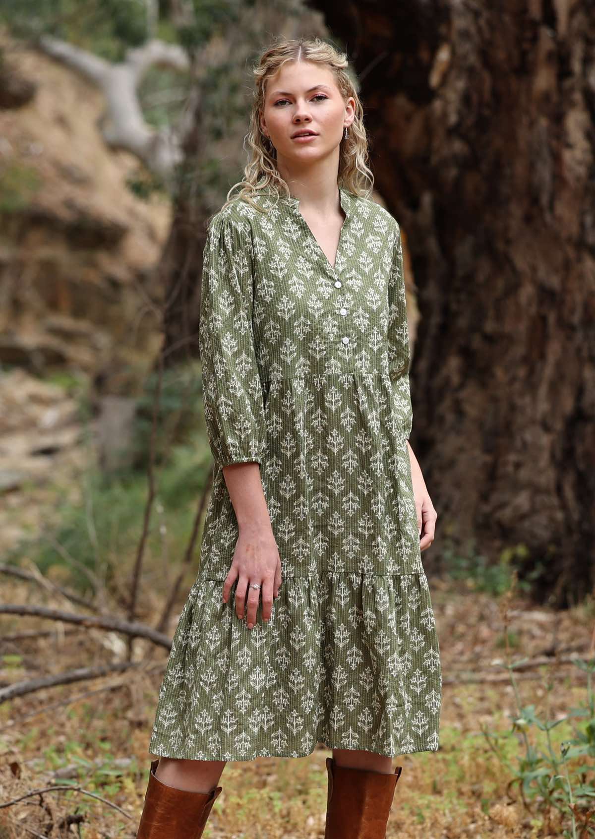 3/4 sleeved boho cotton midi length dress with buttoned bodice