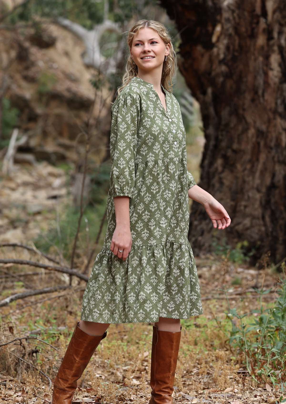 Tiered midi length cotton dress in green with sweet flowers and kantha stitches