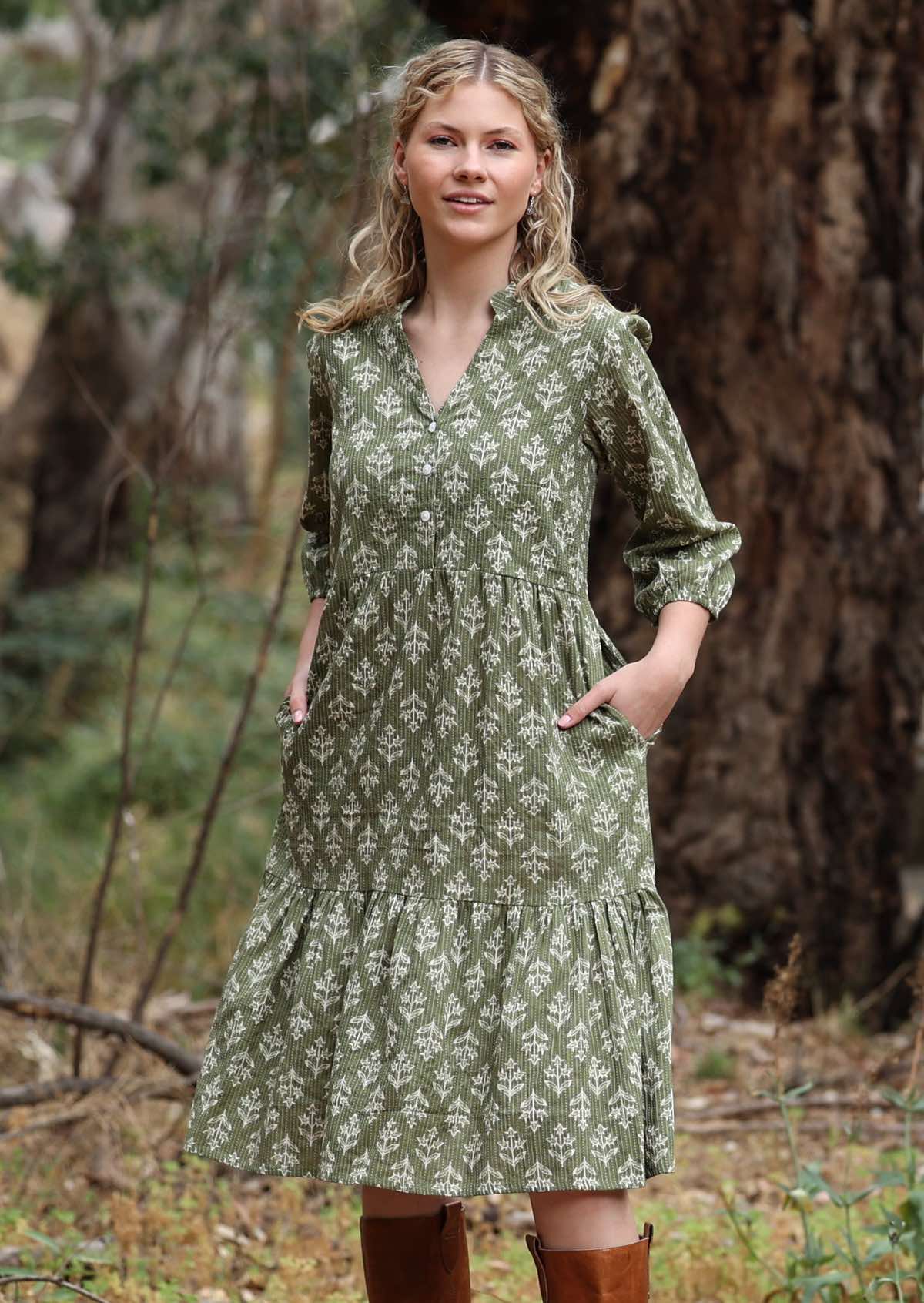 3/4 sleeved cotton boho dress with sweet flowers on green base