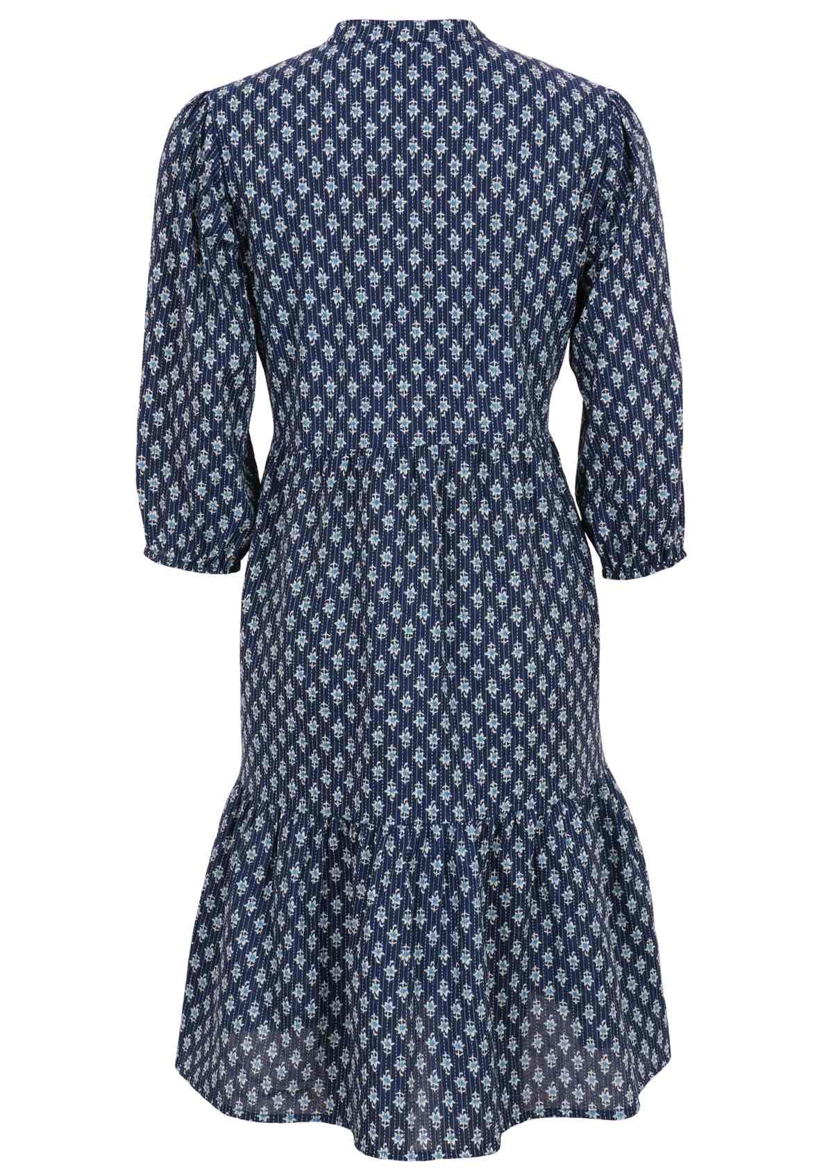 100% cotton midi dress features a blue floral pattern and 3/4 length sleeves.