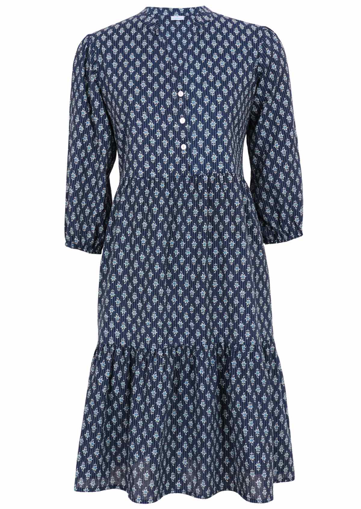 100% cotton midi dress with blue florals and Kantha stitches. 