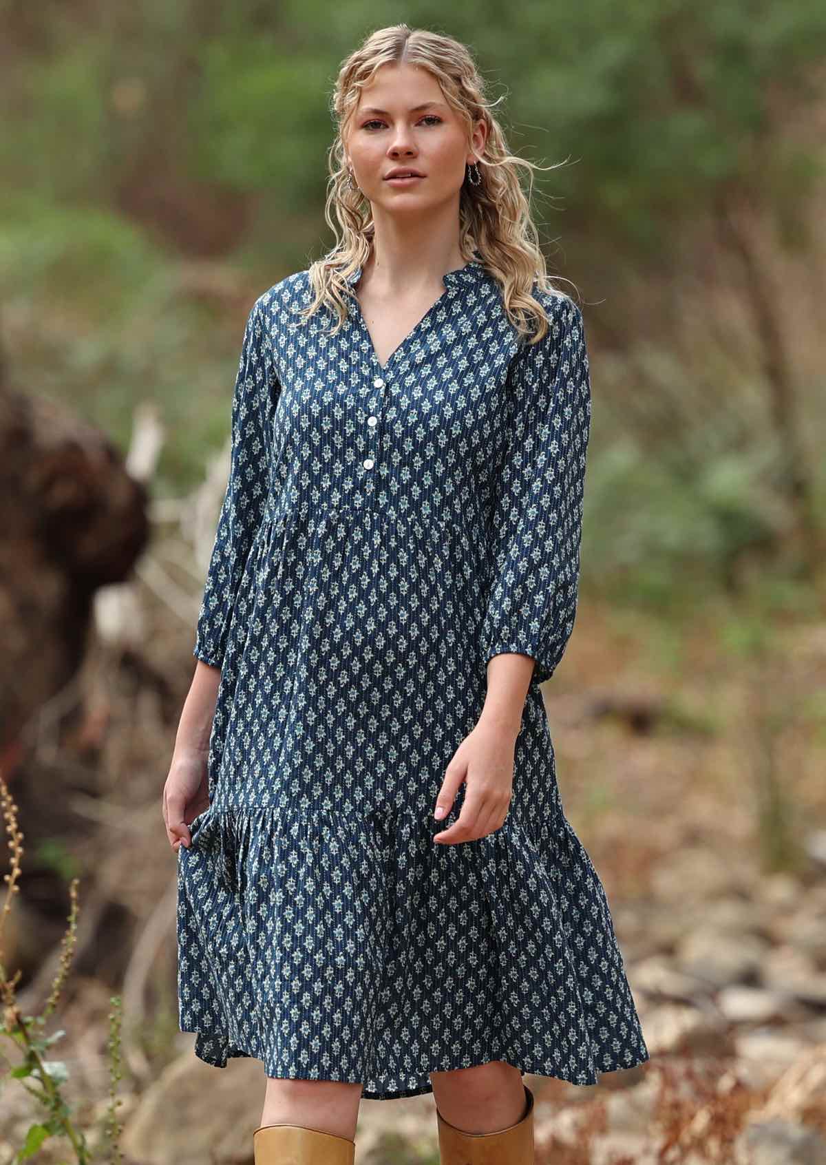 Tiered boho cotton dress with 3/4 sleeves and hidden side pockets