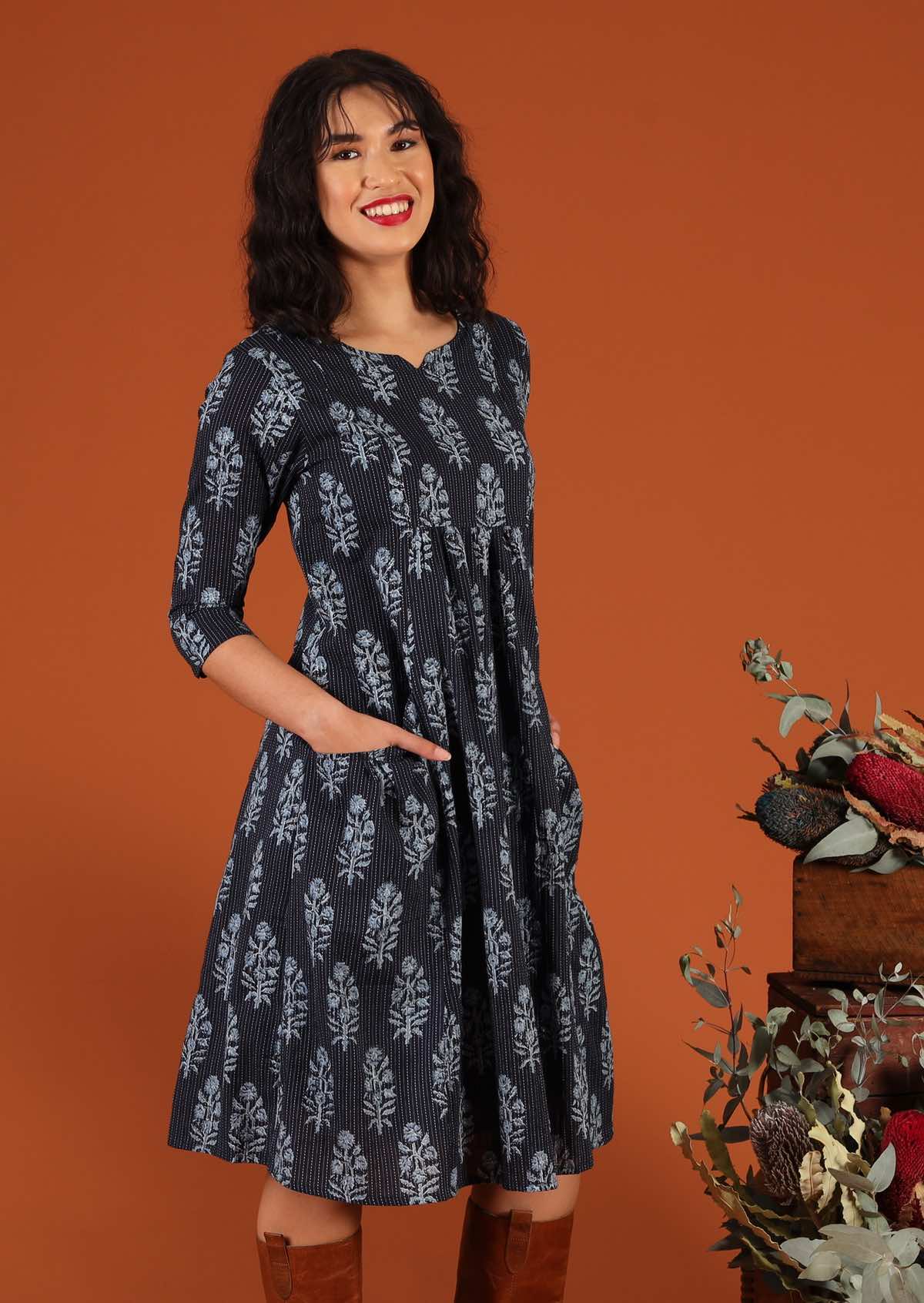 3/4 sleeve navy blue Indian print dress