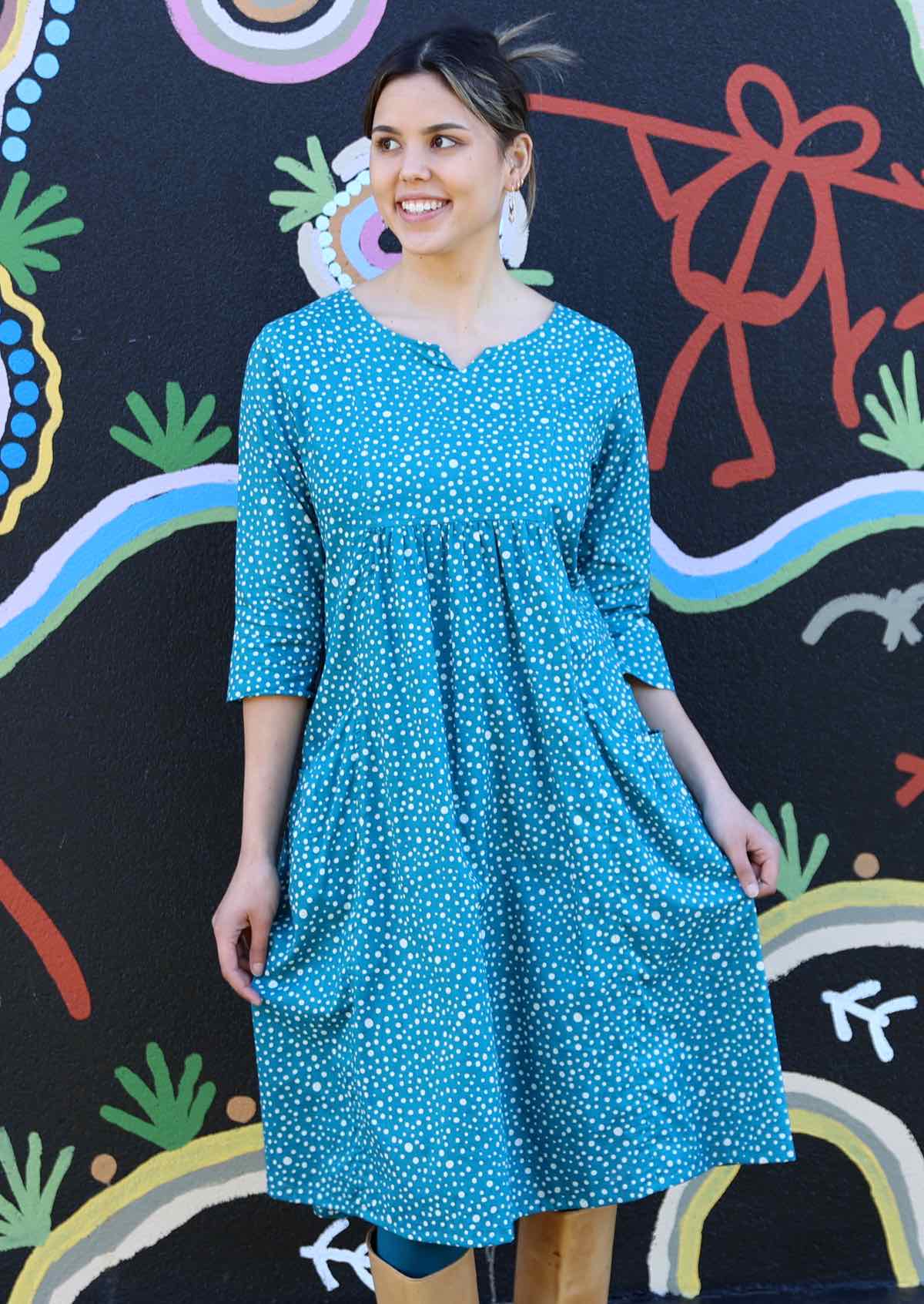 Model in aqua teal coloured cotton 3/4 sleeve loose fit cotton dress