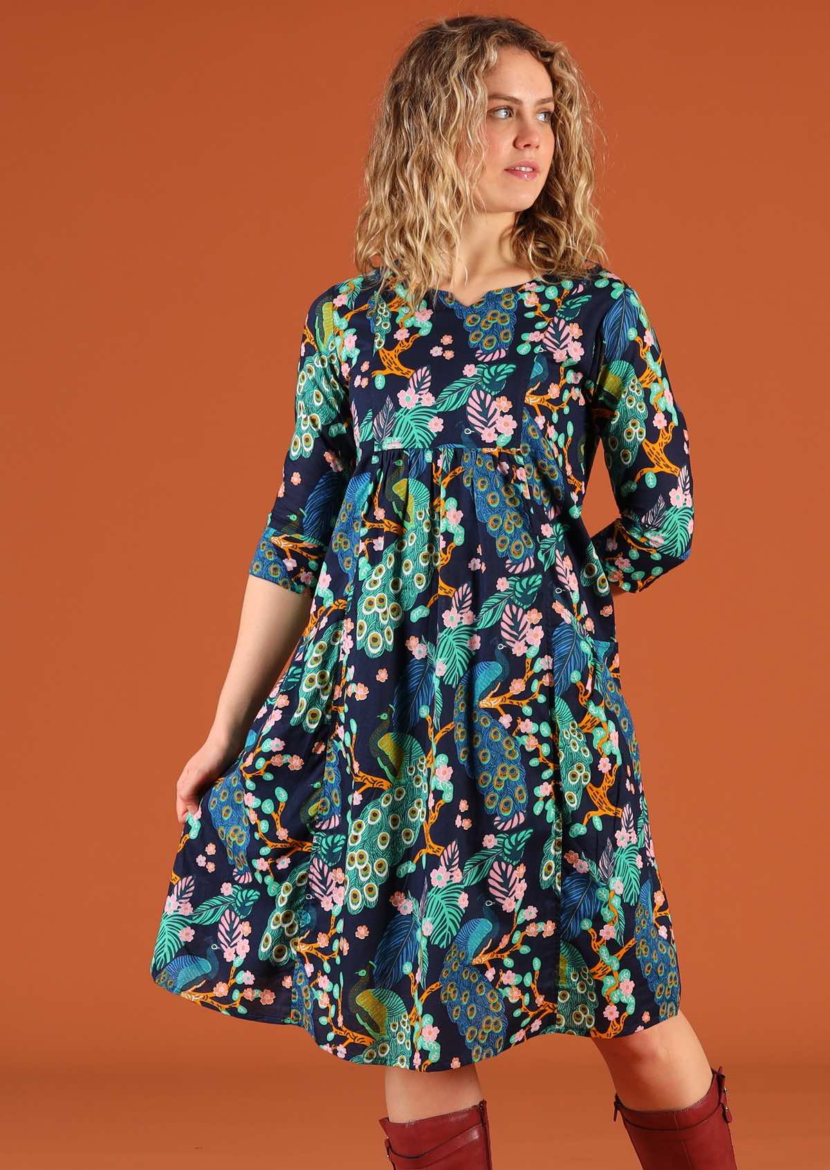 Knee Length Peacock Print Cotton Dress with Pockets | Karma East Australia