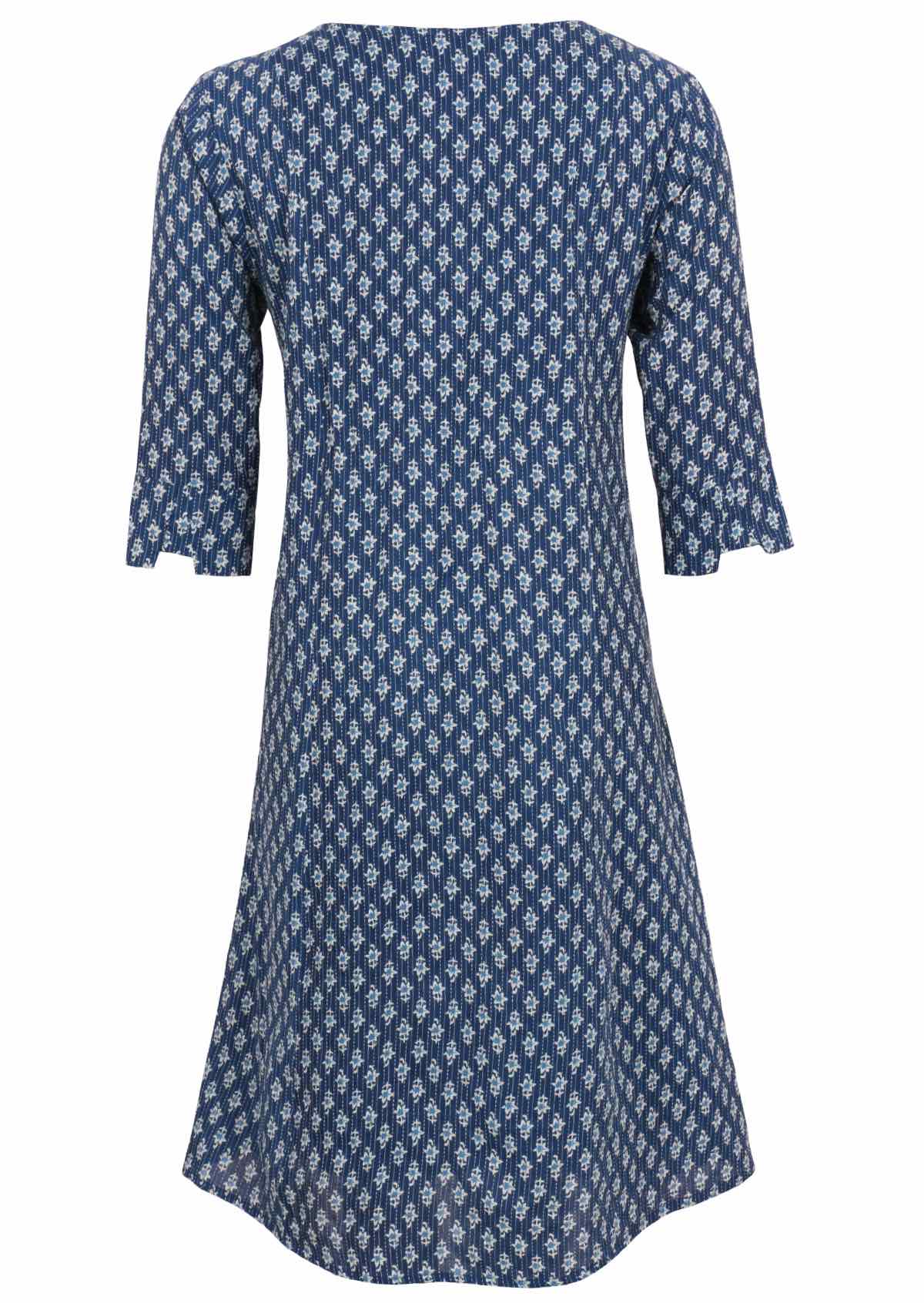 Sweet blue floral print cotton dress with 3/4 sleeves with cuff detail