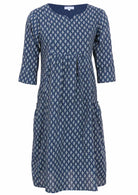 Lined cotton dress with 3/4 sleeve and cutout in neckline