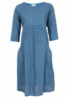 100% cotton dress with a blue base featuring 3/4 sleeves.