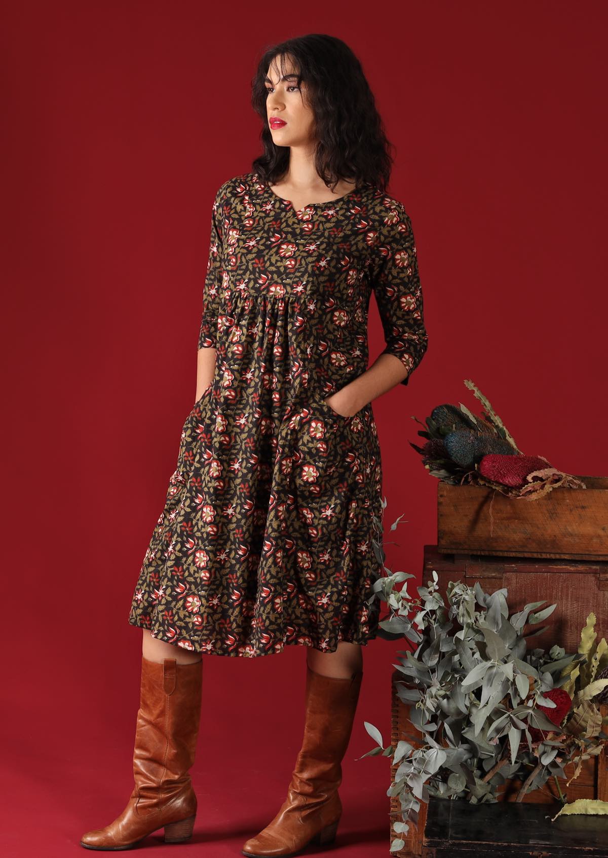 Knee Length Floral Print Cotton Dress with Pockets Karma East Australia