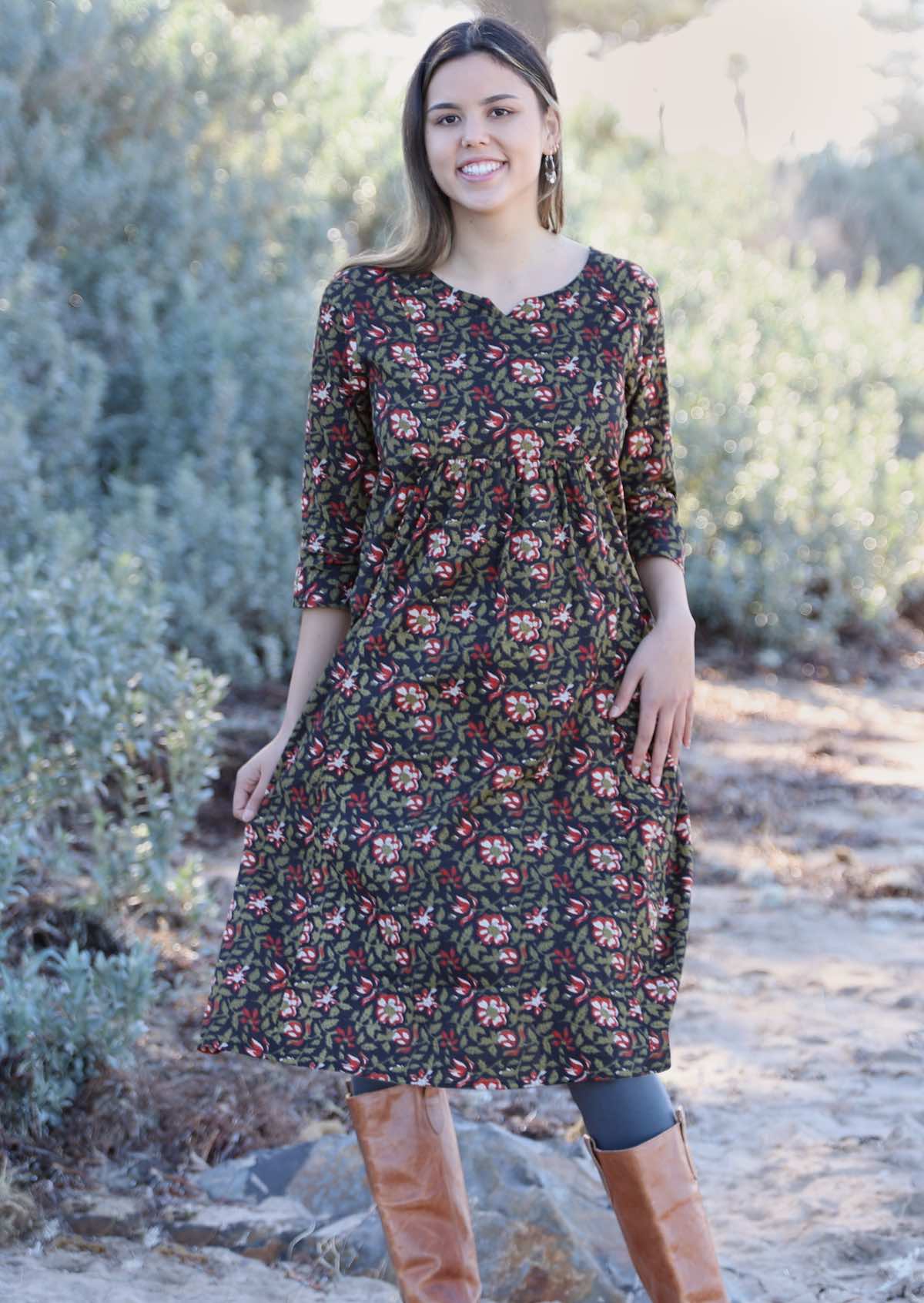 Model wears loose fit cotton black floral print dress