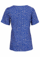 100% cotton top with a blue base and white florals has deep pockets. 
