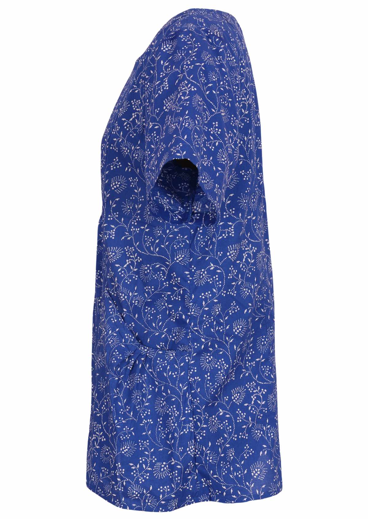 Blue based cotton top features short sleeves and a square yoke bib. 