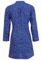 100% cotton tunic in blue with small gatherings at the back for visual interest. 