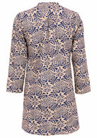Cream and blue cotton tunic with a mandarin collar and small gatherings on the shoulders. 