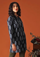 long sleeve tunic dress navy blue Indian print with stitching