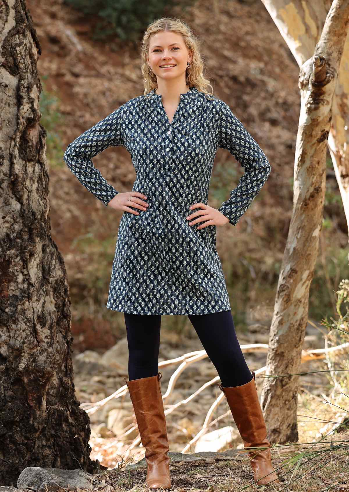 Long sleeve cotton tunic with buttoned bodice