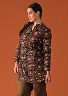 black background green and red floral print tunic dress
