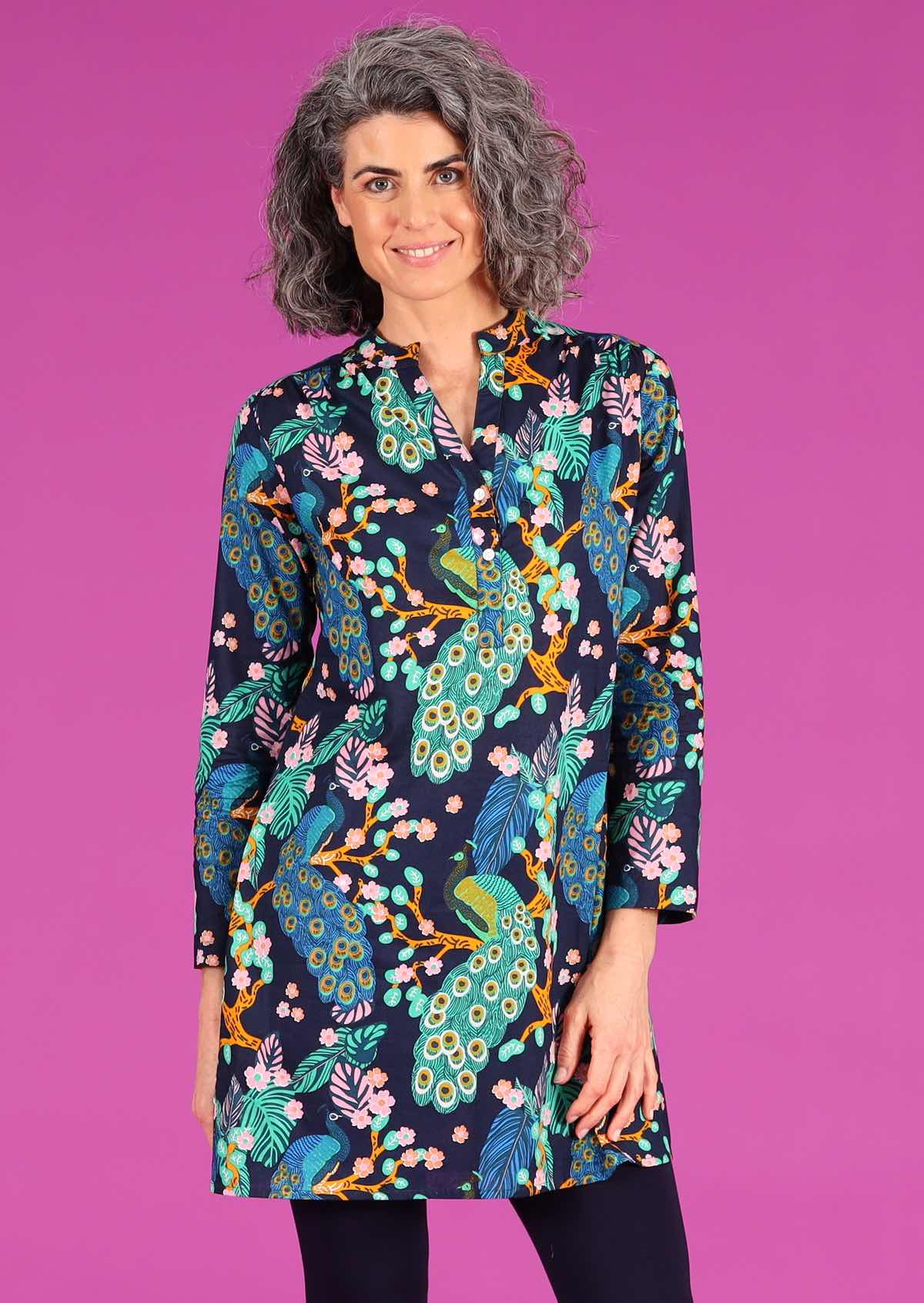 Torvi Tunic Peacock lightweight 100% cotton shirt dress with mandarin collar and buttons | Karma East Australia