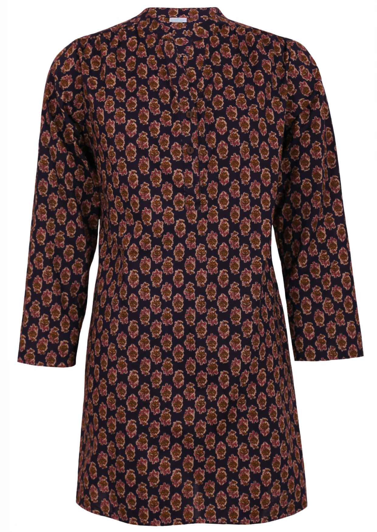  100% cotton long sleeve tunic with small gathers across shoulders and mandarin collar.