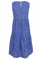 Blue cotton dress with a keyhole back closure and empire waistline. 
